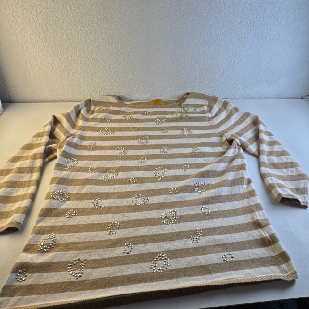 Ruby Rd Womens Boat Neck Striped Gold Accent Pullover Sweater Beige White L